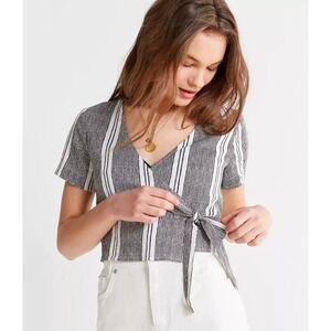 Urban Outfitters Striped Wrap Top Short Sleeve Linen Cotton Blouse Size Large